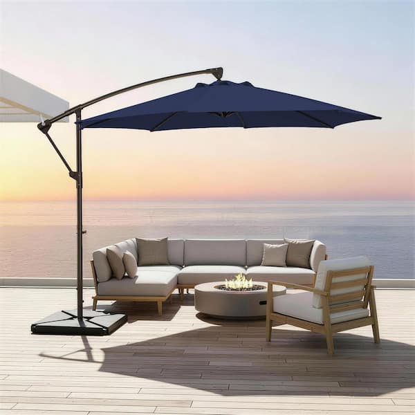 Curvy 10 ft. Steel Large Cantilever Patio Umbrella with Cross Base in Navy