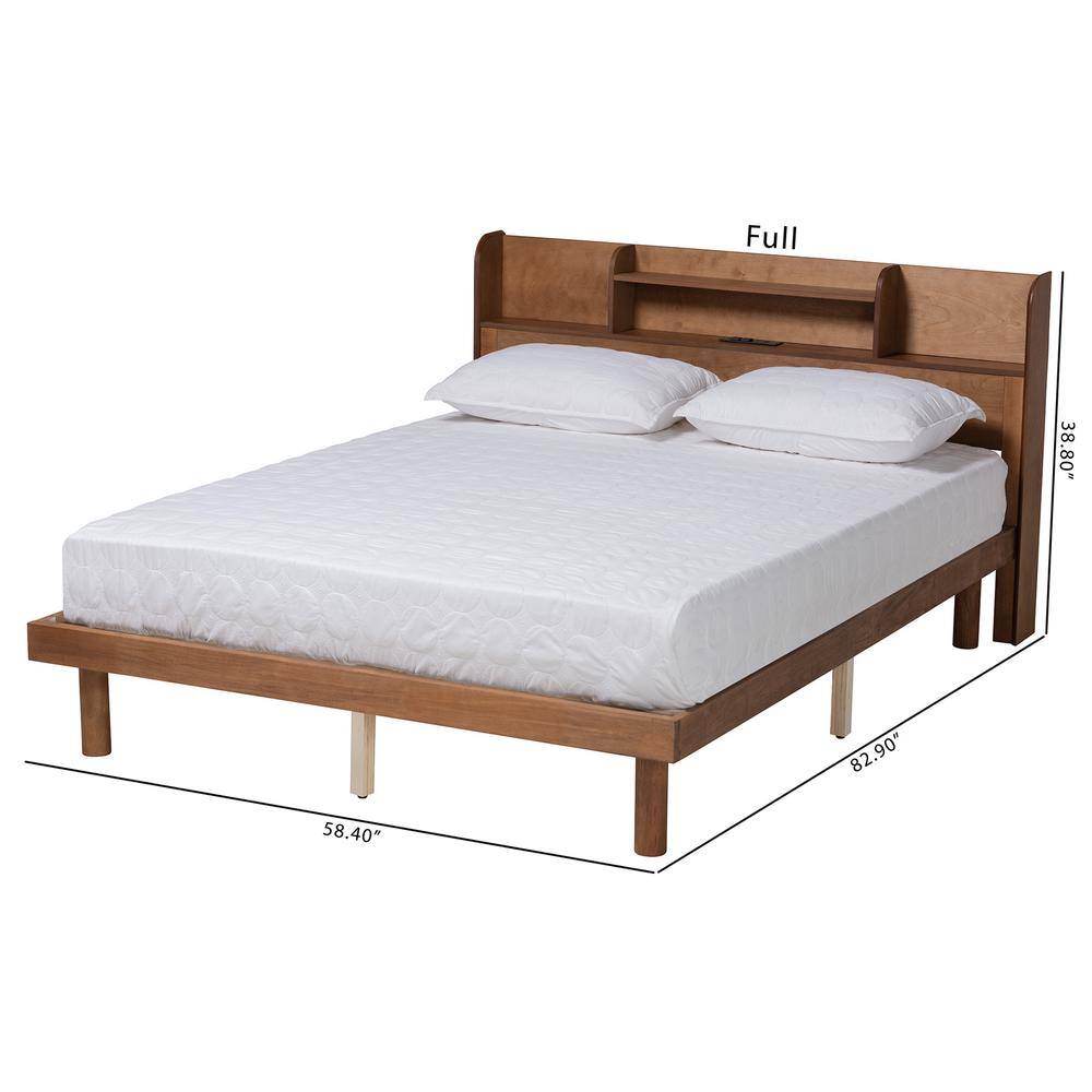 Walnut Brown Wood Full Platform Bed with Shelves and USB Ports