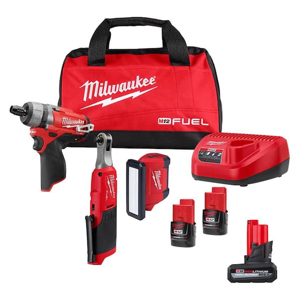 M12 12V Lithium-Ion Cordless Screwdriver Combo Kit, 3/8 in. High Speed Ratchet, Light, with Batteries (4-Tool)