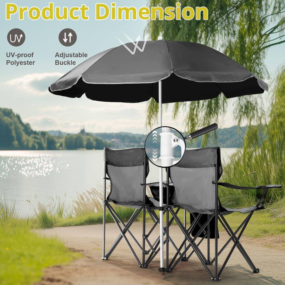 Black Portable Two-Person Fishing Chair with Removable Umbrella