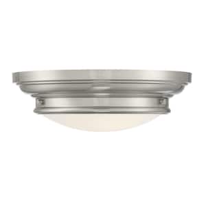 13 in. W x 4.50 in. H 2-Light Brushed Nickel Flush Mount Light with White Glass Round Shade