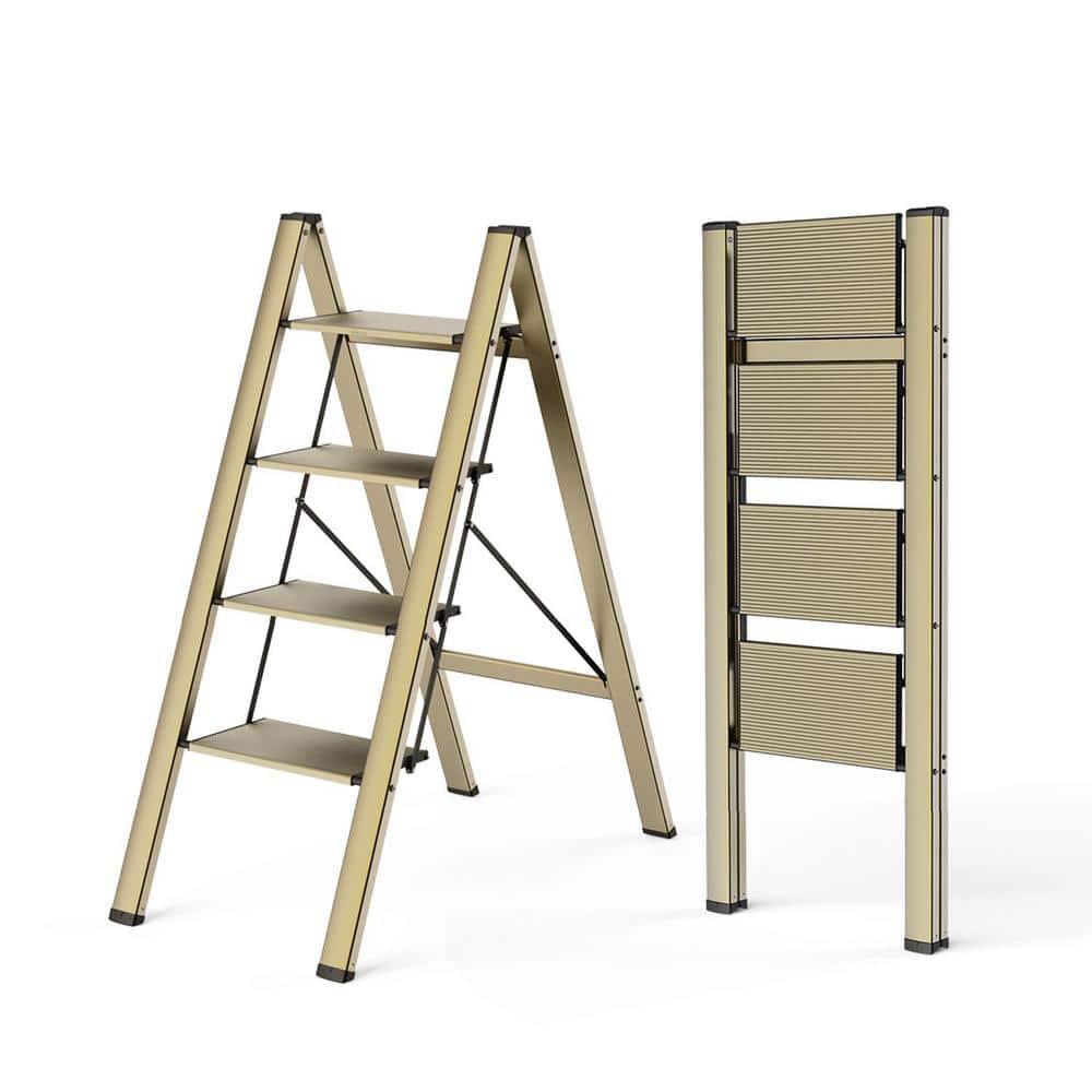 Reach 39.8 in. 300 lb. Aluminum Gold 4-Step Ladder, Portable Folding Ladder
