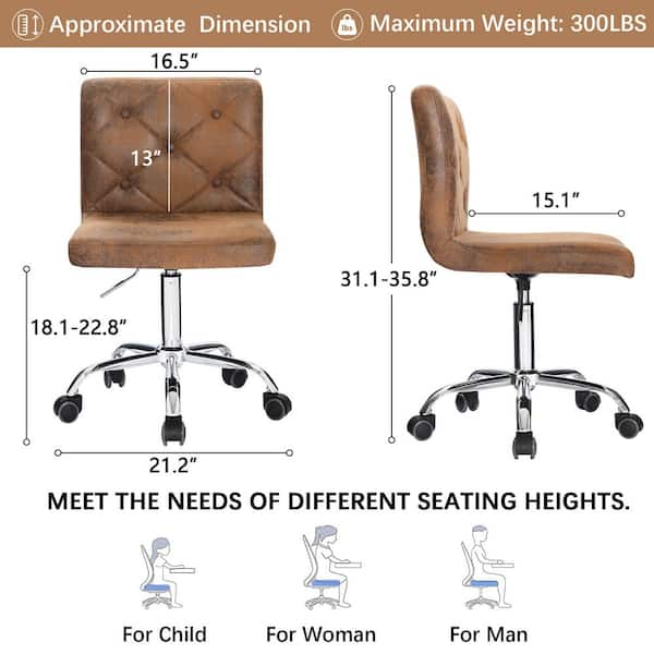 Armless Desk Chair Faux Leather Upholstered Ergonomic Task Chair in Dark Brown with Wheels