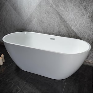 60 in. Acrylic Flatbottom Oval Freestanding Soaking Tub Non-Whirlpool Double-Slipper Bathtub in Gloss White