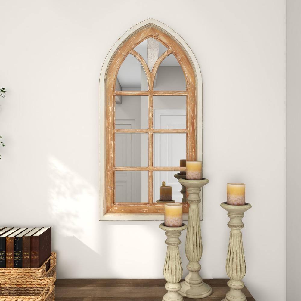 Brown Distressed Wood Arched Window Pane Wall Mirror