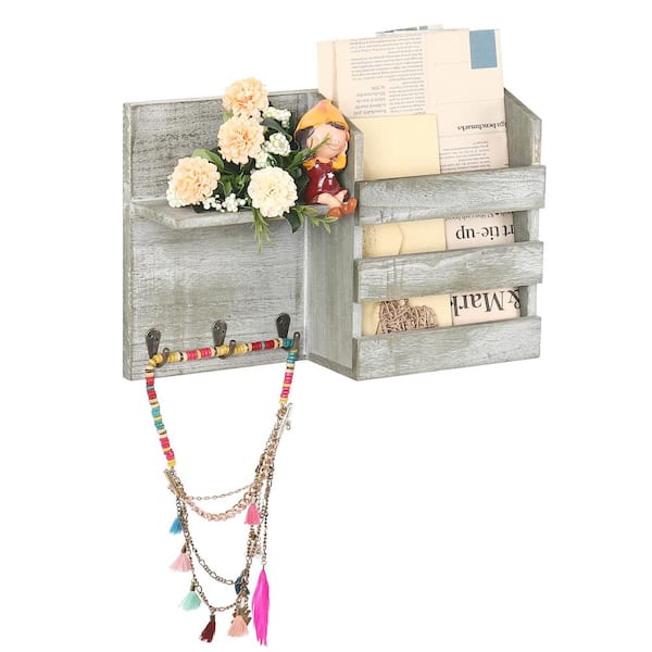 Oumilen Olive Green Wall Mounted Wooden Mail Sorter Organizer with 3-Key Hooks Rustic Floating Shelf