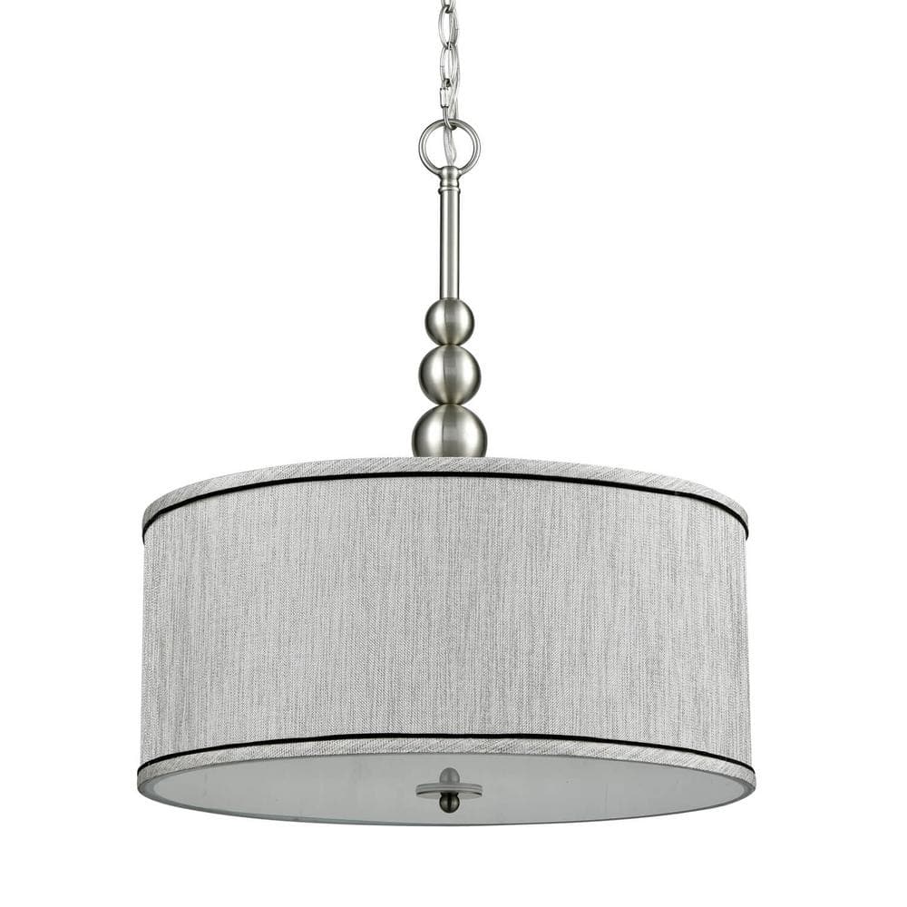 Brushed Nickel Drum Pendant Light with Grey Fabric Shade
