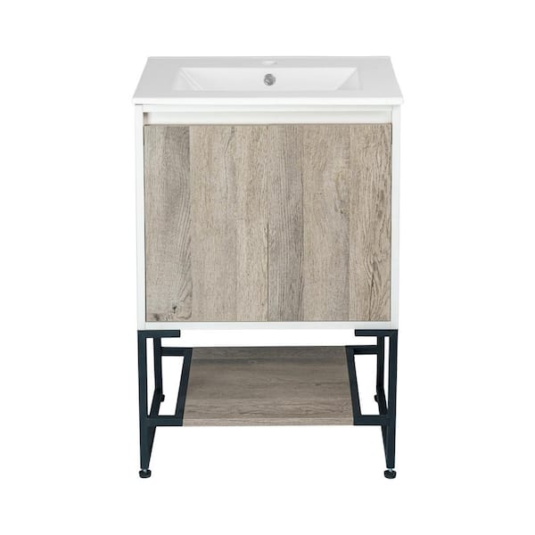 JAZAVA 23.62 in. W x 19.49 in. D x 34.57 in. H Floating Bath Vanity in Wax Oak and White Foil with White Ceramic Top