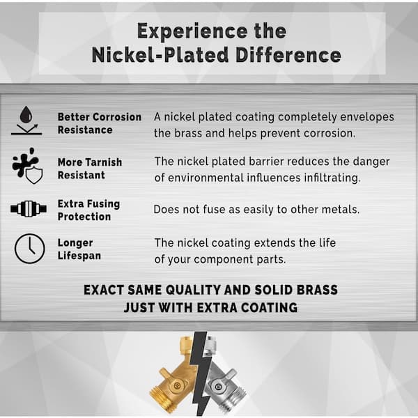 Nickel-Plated Brass Garden Hose Splitter, Heavy-Duty 2-Way Hose Connector Fitting