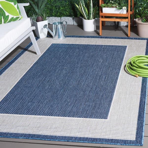 Beach House Blue/Ivory 9 ft. x 12 ft. Double Border Indoor/Outdoor Area Rug