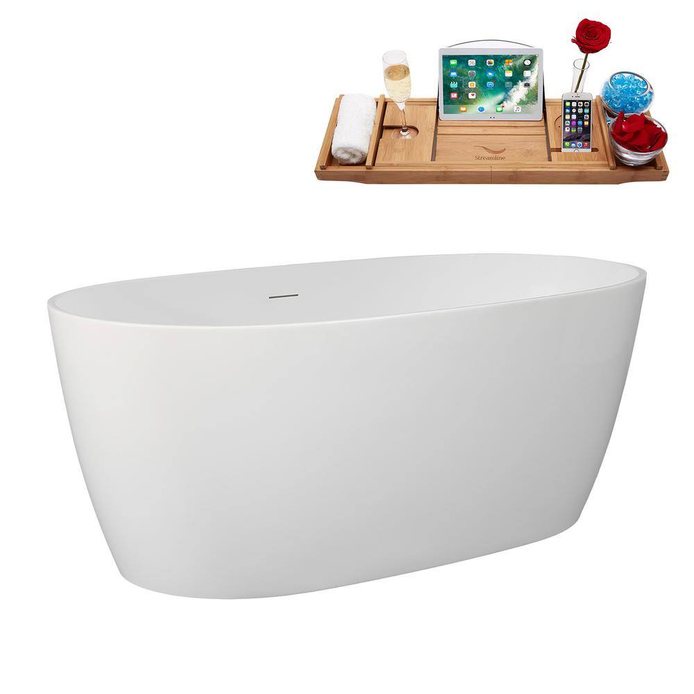 59" Glossy White Acrylic Freestanding Soaking Bathtub with Bamboo Tray
