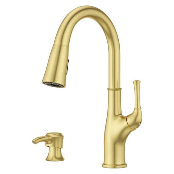 Alderwood Single Handle Pull Down Kitchen Faucet with Deck Plate and Soap Dispenser in Brushed Gold