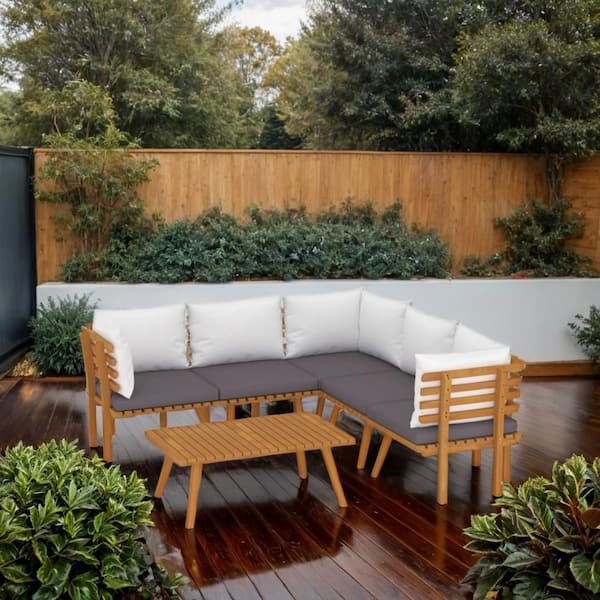 6-Piece Brown and Gray Wood Outdoor Modular Sectional Sofa with Table and White Cushion