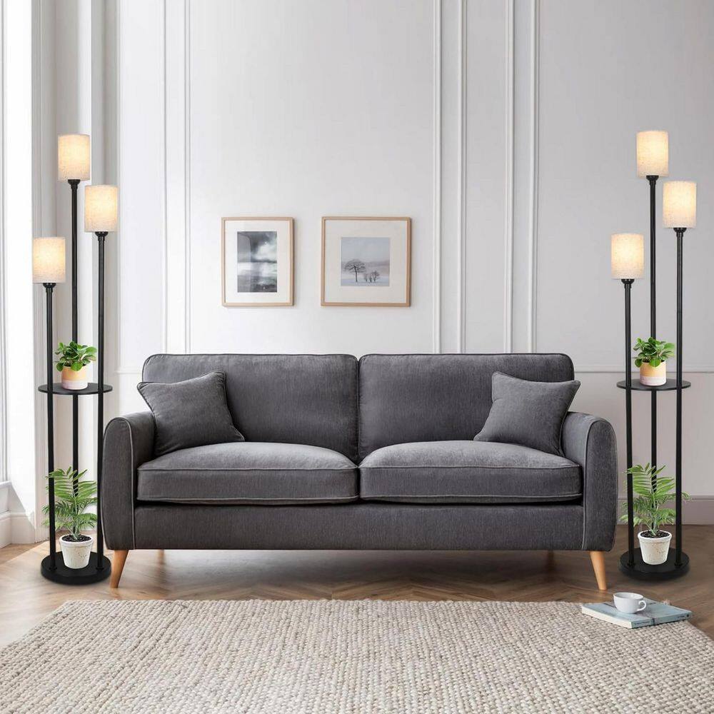 Modern 66.3 in. Beige+Black Industrial 3-Light Smart Tree Floor Lamp Living Room, Linen Shade, Rattan Shelves(No Bulbs) price history on PriceWatchPro