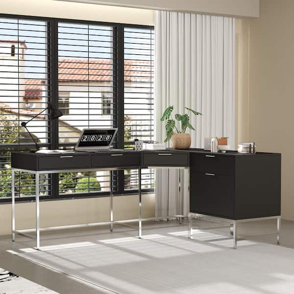 FUFU&GAGA 70.9 in. L-Shaped Black Wood and Metal 5-Drawer Desk, File Drawer, Quiet Undermount Slides and Plated Metal Legs