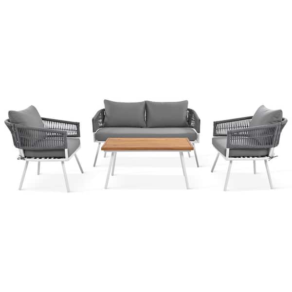Zeus & Ruta 4-Piece Grey Metal Woven Rope Outdoor Patio Conversation Set with Grey Cushion and Acacia Wood Table