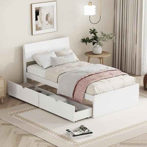 White Wood Frame Twin Platform Bed with 2 Drawers