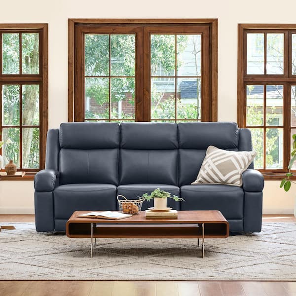 Axel 85.8 Straight Arm Dual Motors Wall Hugger Genuine Leather Rectangle Power Reclining Sofa in Navy with USB Charge