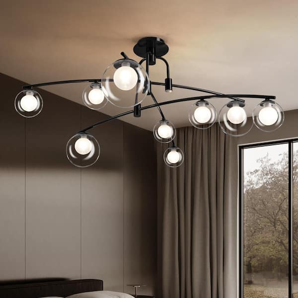 FANNEHONNE Mid-Century 9-Light Elegant Black Globe Sputnik Linear Semi Flush Mount Modern Island Chandelier for Kitchen Island