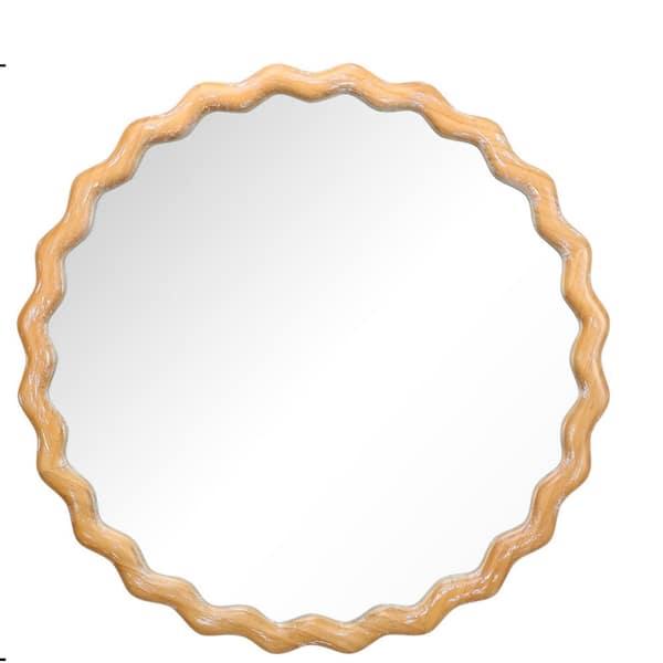 27.56 in. W x 27.56 in. H Natural Round Wavy Wall Mirror, Wooden Farmhouse Circle Mirror for Bathroom/Bedroom/Entryway