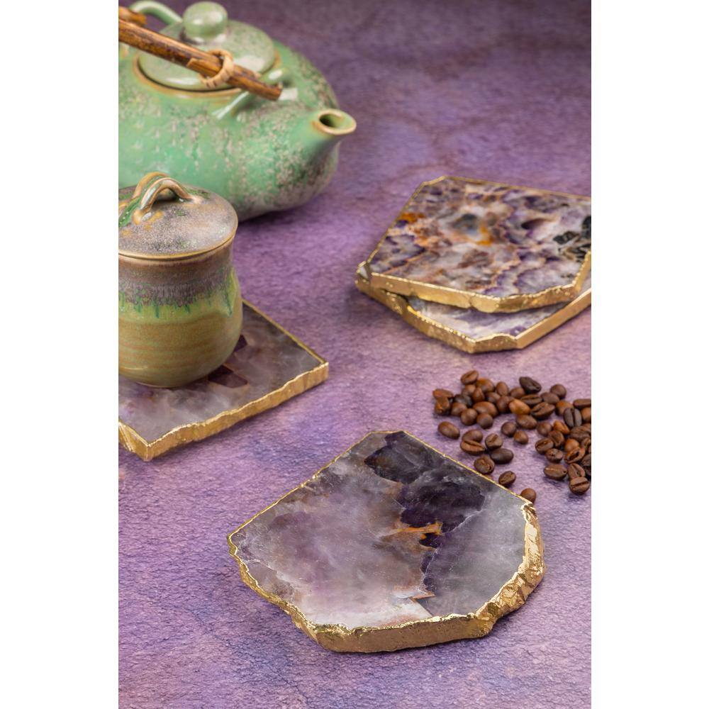 Dazzle Amethyst Stone Coasters with Gold Edges, Set of 4