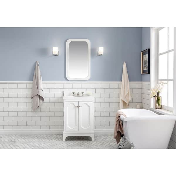 Queen 24 in. Bath Vanity in Pure White with Quartz Carrara Vanity Top with Ceramics White Basins and Mirror and Faucet