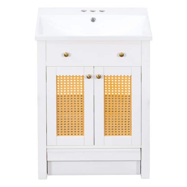 ANGELES HOME 24 in. W x 18 in. D x 34 in. H Bath Vanity in White with White Resin Top, Single Sink, Solid Wood Frame, Step Stool