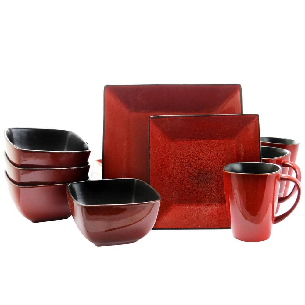 Red and Black Square Ceramic Dinnerware Set, Service for 4
