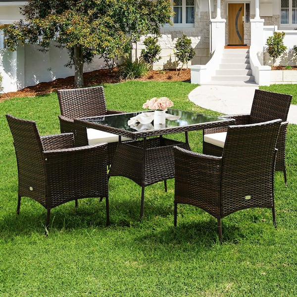 5 Piece Wicker Square Outdoor Dining Set Patio Conversation Set Chair & Glass Table with White Cushions