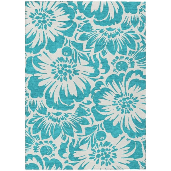 HomeRoots Teal Blue, Ivory 5 ft. x 8 ft. Woven Floral Polyester Rectangle Indoor / Outdoor Area Rug