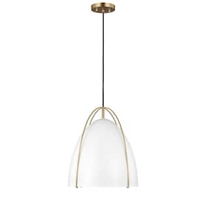 Aiofe 1-Light Satin Brass Modern Industrial Indoor Dimmable Hanging Ceiling Pendant Light with White Metal Shade