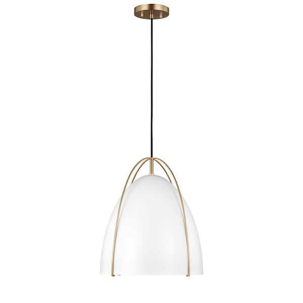 TIELLA Aiofe 1-Light Satin Brass Modern Industrial Indoor Dimmable Hanging Ceiling Pendant Light with White Metal Shade