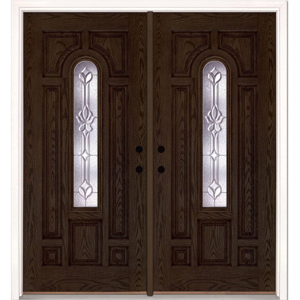 74 in. x 81.625 in. Medina Zinc Center Arch Lite Stained Walnut Oak Left-Ha