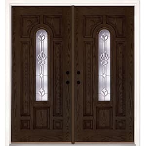74 in. x 81.625 in. Medina Zinc Center Arch Lite Stained Walnut Oak Left-Hand Fiberglass Double Prehung Front Door