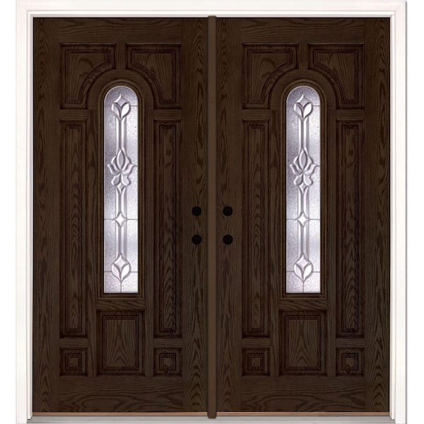 Feather River Doors 74 in. x 81.625 in. Medina Zinc Center Arch Lite Stained Walnut Oak Left-Hand Fiberglass Double Prehung Front Door