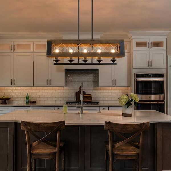 Modern Farmhouse Chandelier 32 in. W Black Rectangular Dining Room Chandelier, 5-Light Kitchen Island Wood Pendant Light
