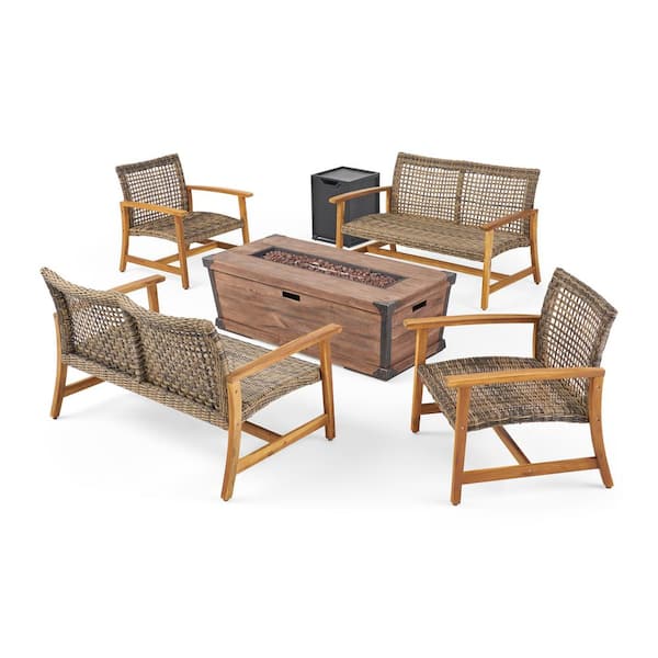 Hampton Natural Stained 5-Piece Wood Outdoor Patio Fire Pit Seating Set