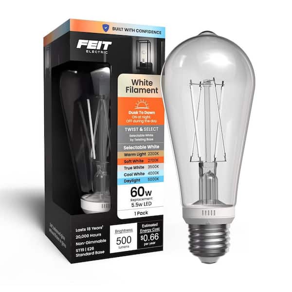 60-Watt Equivalent ST19 Dusk to Dawn Dimmable Filament E26 Vintage Straight Tapered Twist Select LED Light Bulb 5CCT