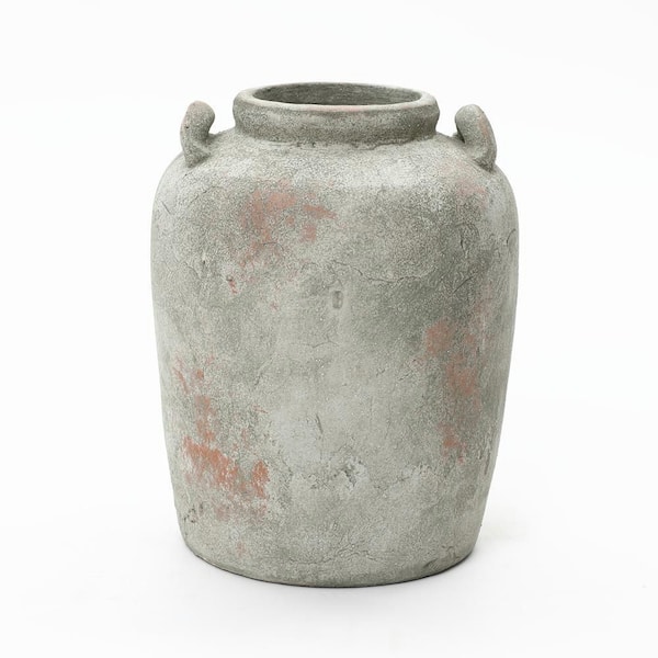 13.4 in. Tall Rustic Old-World Gray with Brown Terracotta Round Jug Vase with Handles