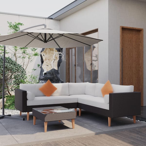 HomeAura 4-Piece Brown Wicker Outdoor Sectional Set with Beige Cushions and Pillows