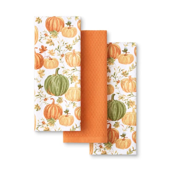 Autumn Harvest Pumpkins Orange Cotton Kitchen Towel Set 16 in. x 28 in. (3-Pack)