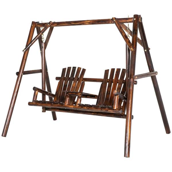 2-Seat Wooden Porch Swing with Stand, Patio Swing Chair with Center Table for Garden Backyard
