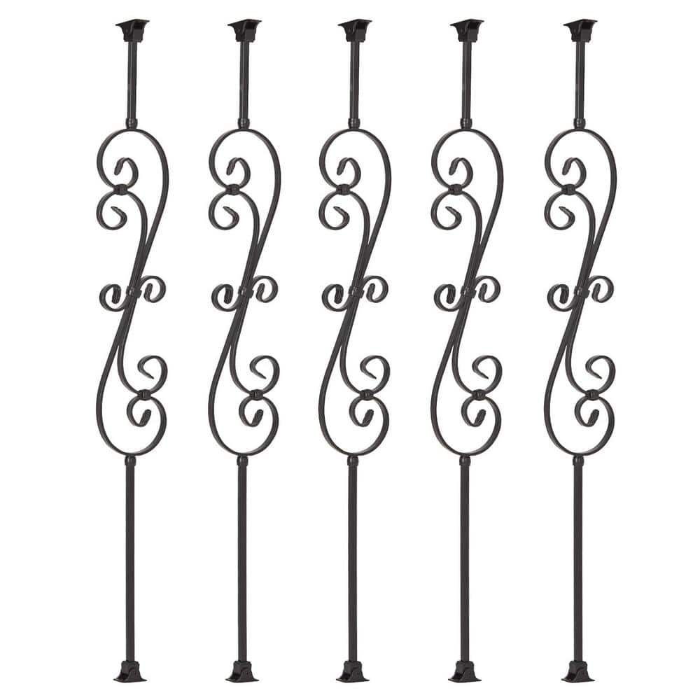 44 in. x 5.5 in. Skinny Scroll Iron Balusters and Swivel Shoes in Satin Black-(5-Pack) price history on PriceWatchPro
