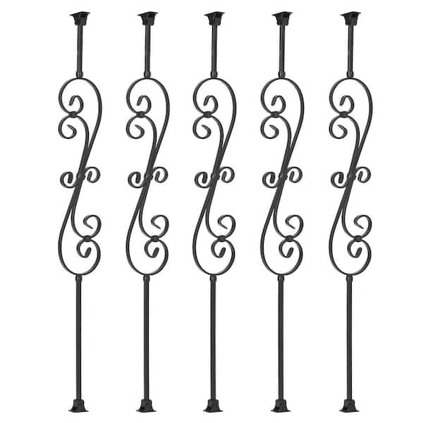 Afoxsos 44 in. x 5.5 in. Skinny Scroll Iron Balusters and Swivel Shoes in Satin Black-(5-Pack)