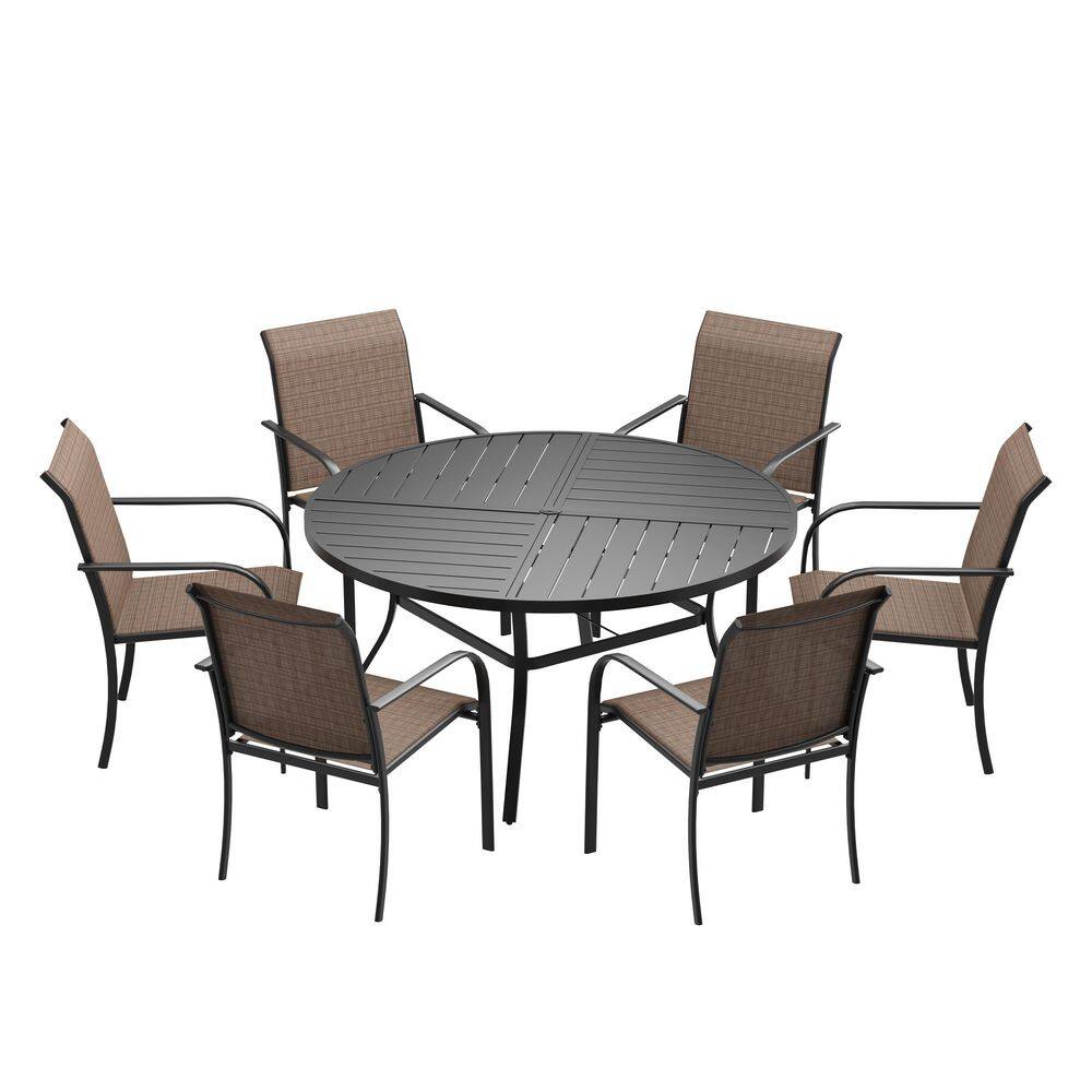 7-Piece Metal Outdoor Patio Dining Set with 50 in. Black Round Table and 6-Brown Dining Chairs price history on PriceWatchPro