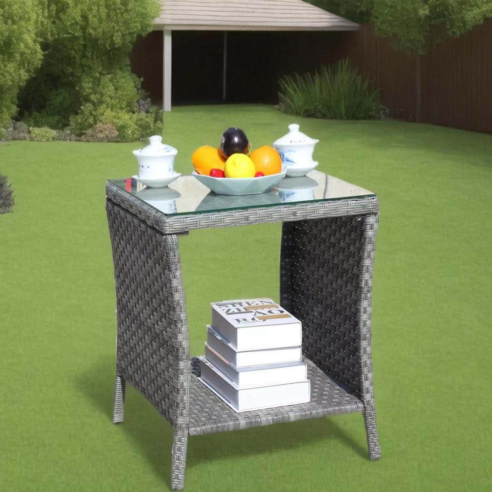 19.25 in. Square Gray Outdoor Side Table, Outdoor Patio PE Rattan Side End 