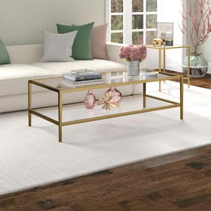 Hera 54 in. Antique Brass Finish Rectangle Glass Coffee Table with Clear Glass Shelf