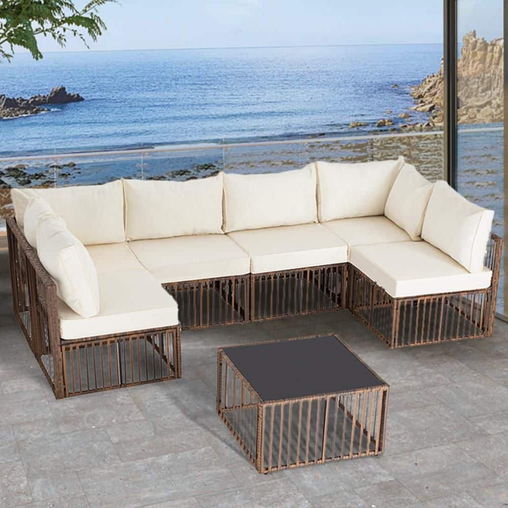 7-Piece Brown Wicker Outdoor Sofa Sectional Set Patio Conversation Set with Beige Cushions, Adjustable Backrests
