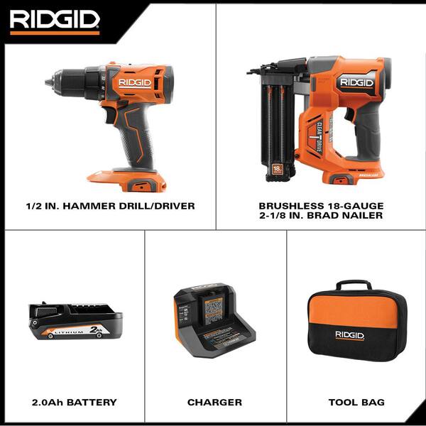 RIDGID 18V Brushless Cordless 2Tool Combo Kit With 2.0 Ah Battery, Charger, And Tool Bag