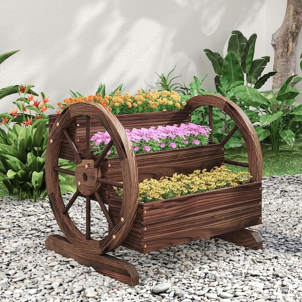 Sizzim 3-Tier Wooden Wagon Planter Box, Decorative Wood Planters with Wheels for the Garden